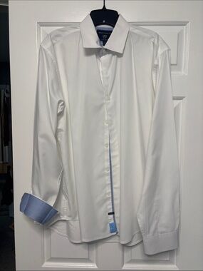 Report Collection White Dress Shirt with Light Blue Trim